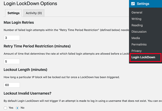 login lock down options